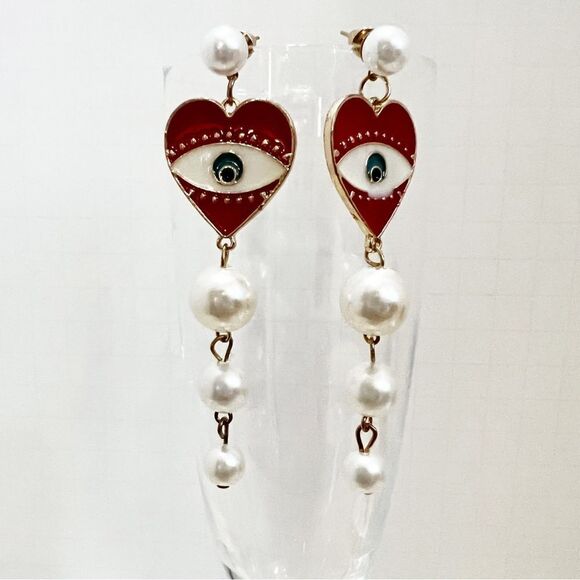 Crimson and Pearl Evil Eye Dangle Post Earrings NWT - Picture 3 of 11
